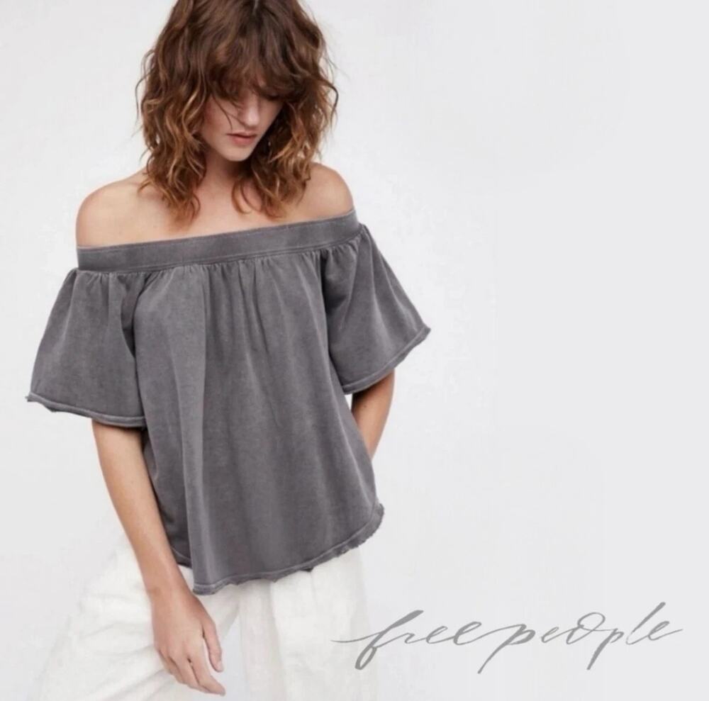 Free People Kiss Me Off The Shoulder Washed Charcoal Flutter Sleeve Top XS
